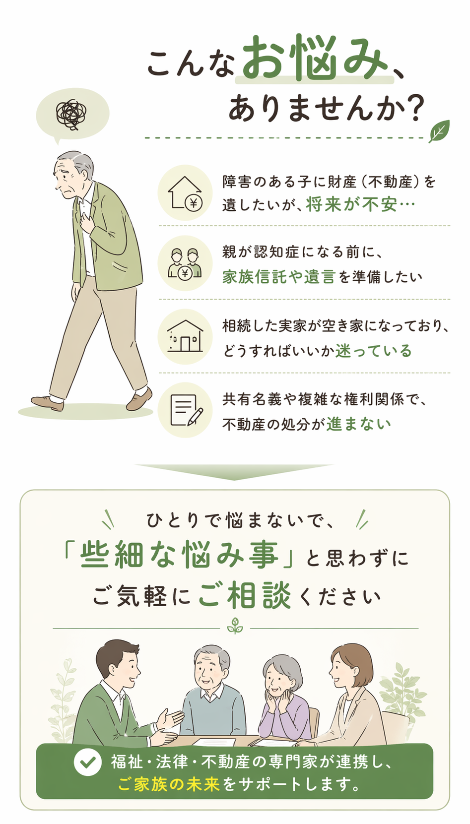 こんなお悩み、ありませんか？ 障害のある子に財産（不動産）を遺したいが、将来が不安… 親が認知症になる前に、家族信託や遺言を準備したい 相続した実家が空き家になっており、どうすればいいか迷っている 共有名義や複雑な権利関係で、不動産の処分が進まない ひとりで悩まないで、「些細な悩み事」と思わずにご気軽にご相談ください