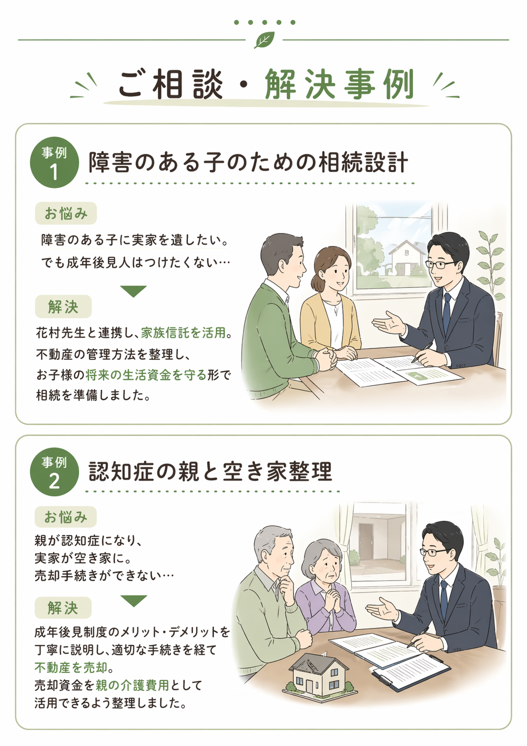 ご相談・解決事例 事例1 障害のある子のための相続設計 事例2 認知症の親と空き家整理