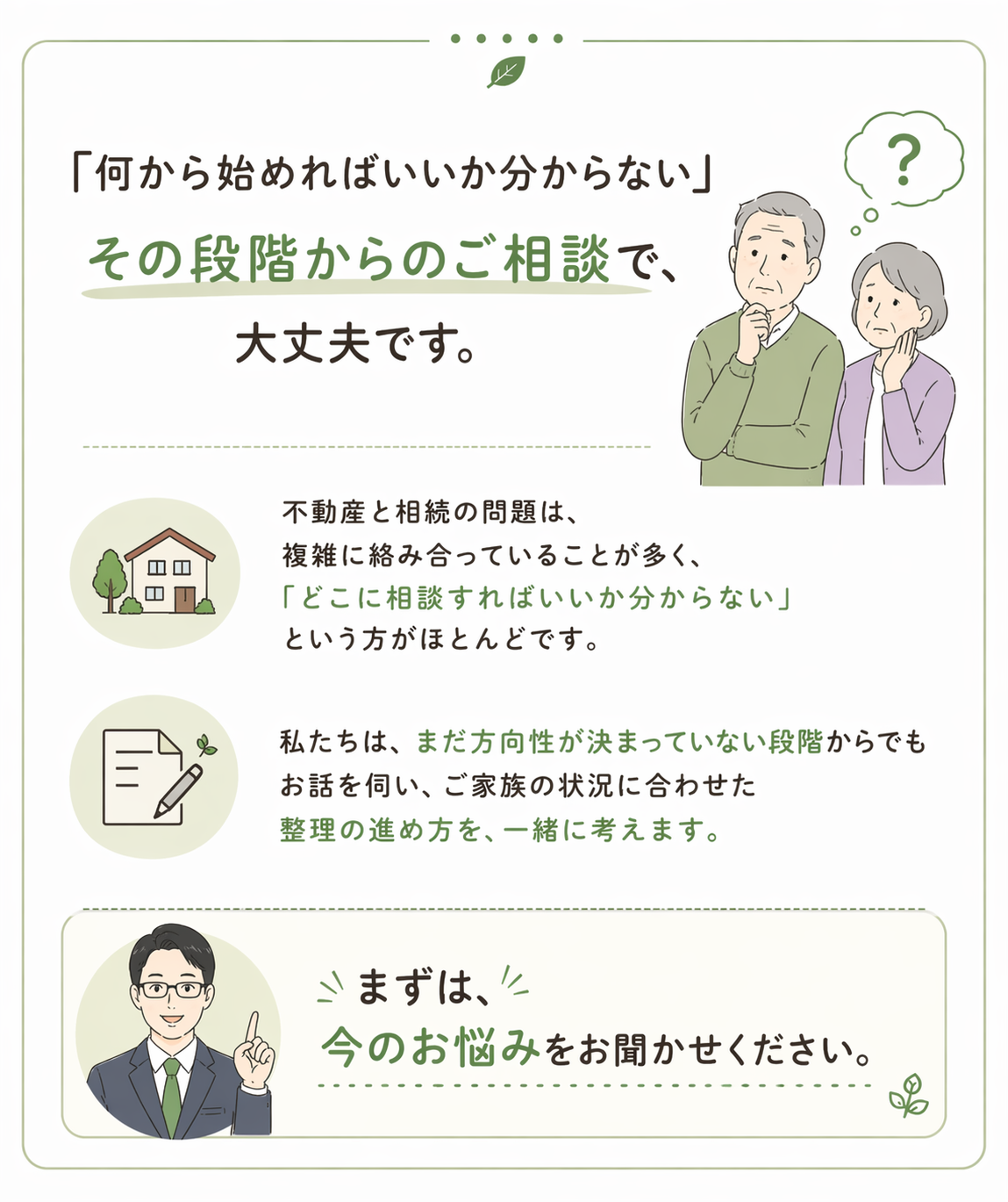 「何から始めればいいか分からない」その段階からのご相談で、大丈夫です。不動産と相続の問題は、複雑に絡み合っていることが多く、「どこに相談すればいいか分からない」という方がほとんどです。私たちは、まだ方向性が決まっていない段階からでもお話を伺い、ご家族の状況に合わせた整理の進め方を、一緒に考えます。まずは、今のお悩みをお聞かせください。